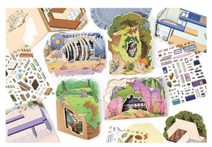 Detailed view of large thematic scrapbooking stickers featuring forest and cave scenes