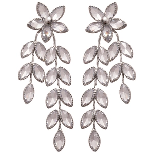 Elegant silver tassel earrings featuring floral and leaf-shaped crystals on a white background