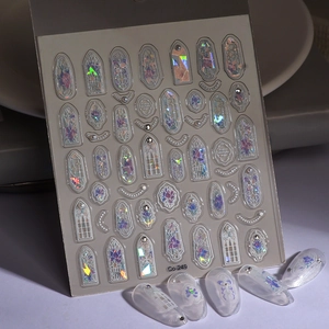 Holographic gothic window flower nail stickers with 3D pearl patterns and iridescent finish
