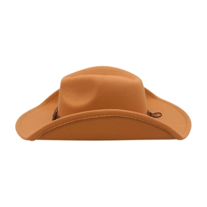 Close-up of tan western felt cowboy hat featuring thin brown leather band with buckle