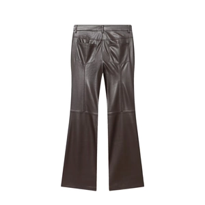 Deep brown faux leather flare pants for women showing rear pockets and seam details