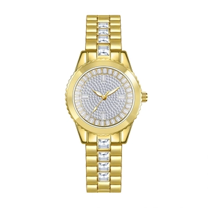 Luxurious gold-tone women's watch featuring a full diamond dial and crystal-encrusted strap