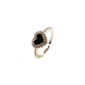 Anello a cuore regolabile placcato oro con centro nero e bordo in cristalli lucidi