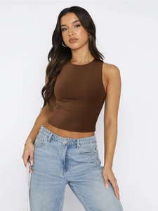 Close-up of brown sleeveless rib-knit crop tank top with round neck and slim fit