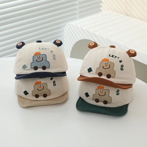 Cute cartoon car embroidered baby baseball cap with ears in four assorted colors