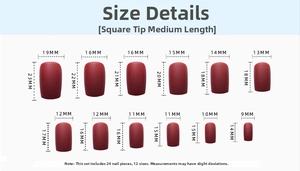Size chart for medium square glossy press-on nails showing 12 different dimensions