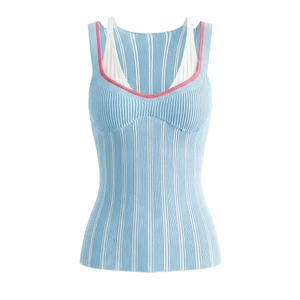 Haut en tricot sans manches bleu clair pour femme avec bordure rose contrastée