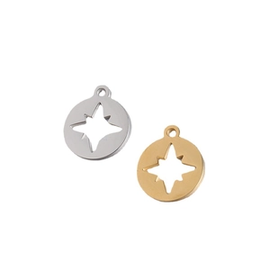 Mirror polished stainless steel hollow star compass pendants in silver and gold finish