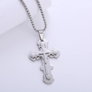 Polished stainless steel triple layer cross pendant necklace with sparkling rhinestones
