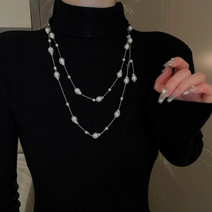 Long Artificial Pearl Necklace With Alloy Silver Chain Baroque Imitation Artificial Pearls Layered Statement Sweater Chain For Women Elegant