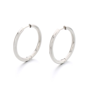 Sleek silver stainless steel hoop earrings with hinged closure on a white background