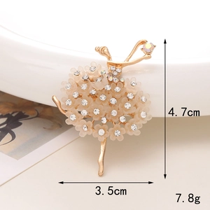 Detail showing dimensions of ballerina brooch with flower petals and sparkling rhinestones