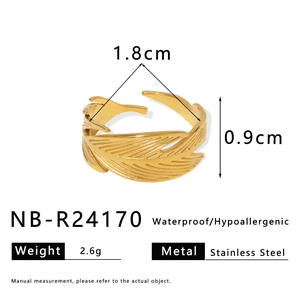 Detailed size and dimension specs for gold feather stainless steel open ring