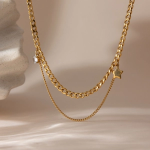 18K gold plated stainless steel layered necklace with star pendant and clear zircon stone