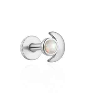 Macro view of S925 sterling silver crescent moon labret stud with white opal gemstone inlay