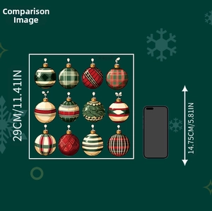 Detail showing Christmas ball wall decals with size comparison against a mobile phone