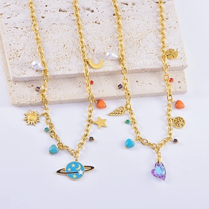 Women Stainless Steel Multi Pendant Necklace Gold Plated Dreamy Planet Heart Star Moon Faux Artificial Pearl Crystal Clavicle Chain