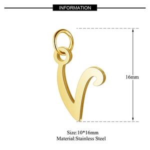 Detailed size specifications of a gold-plated stainless steel letter V alphabet pendant