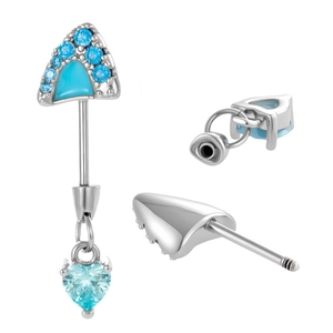 Titanium steel navel piercing with turquoise heart pendant and blue cubic zirconia stones
