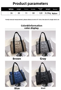 Size chart showing dimensions 36x30x11cm and four color options for quilted nylon tote bag