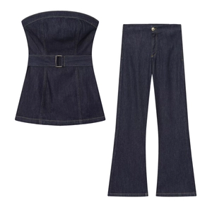 Haut Tube En Jean Pour Femmes Et Pantalon Évasé Bleu Indigo Avec Ceinture Surpiqûres Contrastées Tenue Mode