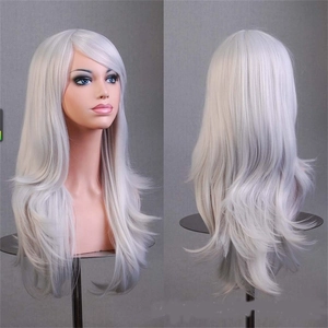 Macro shot of 70cm long wavy silver-grey synthetic wig with natural texture and layers