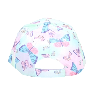 Detail of colorful butterfly print baseball cap with adjustable strap for children