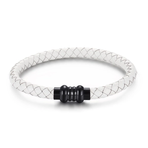 Minimalist white braided leather bracelet for men with black magnetic stainless steel clasp