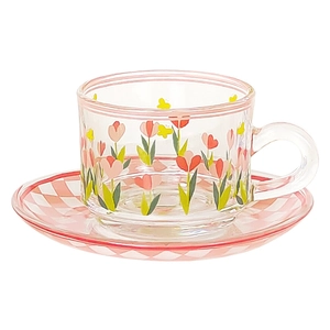 Elegant glass coffee cup and saucer set featuring pink tulips and plaid pattern