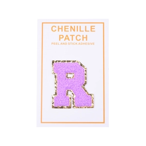 Close-up of purple chenille letter R patch with gold glitter edge and peel-and-stick backing