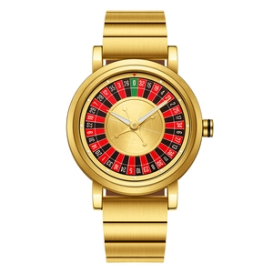 Golden quartz watch featuring a creative roulette wheel dial and a matching steel band
