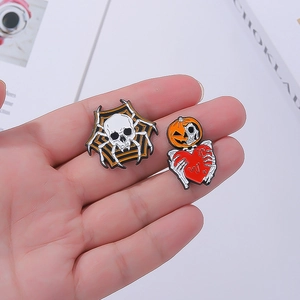 Halloween punk alloy enamel pins with skeleton spider web and pumpkin heart designs