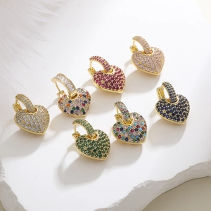 Luxurious heart shaped gold earrings with colorful zircon micro-inlay set of seven colors