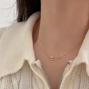 Minimalist 925 sterling silver gold safety pin pendant necklace with micro-pave zircons