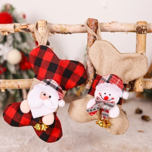 Christmas Dog Bone Stocking Burlap Plaid Fabric Santa Snowman Hanging Ornament Tree Decoration With Golden Metal Bells