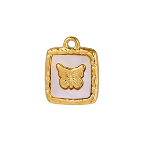 Detailed view of a gold square butterfly pendant with white shell inlay, size 1.6x1.2cm