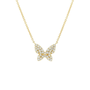 Close-up of gold plated butterfly pendant necklace with micro-pave cubic zirconia stones