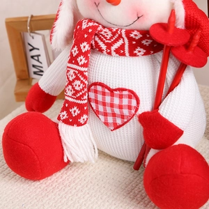 Cute sitting Christmas snowman plush doll with red scarf and ski poles for home decor