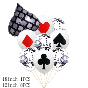 Poker theme balloon set with black and red heart and spade patterns for casino party decor