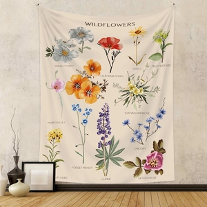 Vintage botanical tapestry with wildflower herbarium illustrations for wall decor