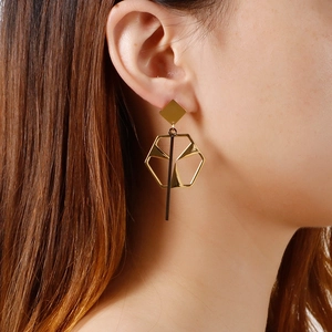 Fashionable geometric hollow titanium steel drop earrings in gold and black finish