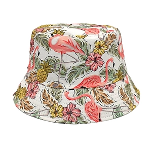 Macro view of tropical flamingo and floral print on white bucket hat with reinforced stitching
