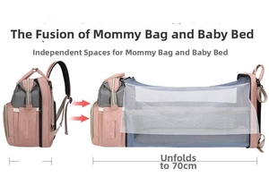 Multifunctional diaper bag showing folding baby bed mode with 70cm extended sleeping space