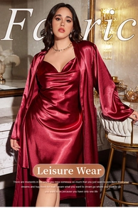 Detail of burgundy satin two-piece sleepwear set with silk texture and V-neck dress