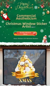 Detail of Christmas tree shaped UV window stickers with golden and white balloon design