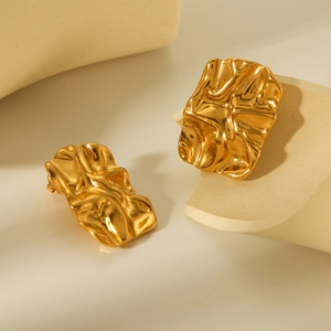 Fashionable 18K gold plated stainless steel earrings with irregular wrinkled metal texture