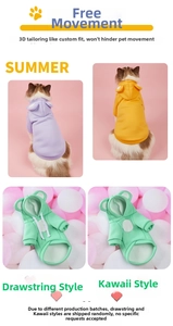 Detail of colorful hooded pet sweaters featuring animal ears and 3D ergonomic tailoring