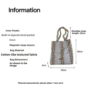 Size chart showing large plaid patchwork tote bag dimensions and magnetic closure details