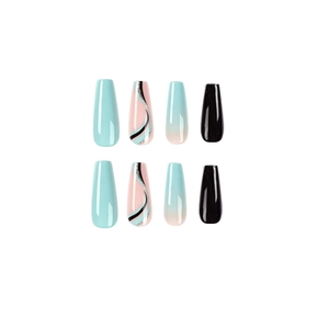 Long coffin press-on nails featuring blue and black wave patterns and blue gradients