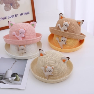 Chapeaux de soleil en paille pour enfants avec oreilles de chat 3D et appliques cartoon